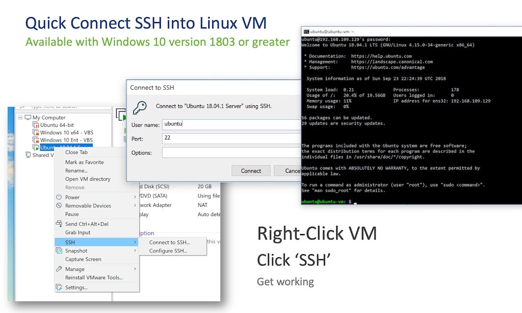 Virtual machine creation software - support one click ssh